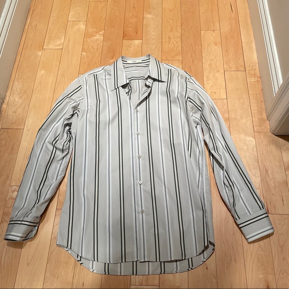 Prada light grey w green pinstripes shirt